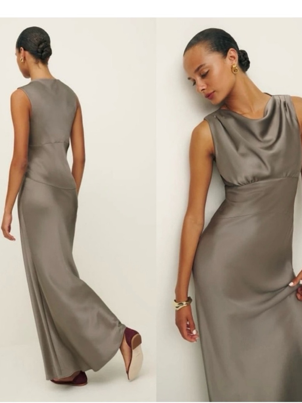 Reformation Dessa Satin Cowl Neck Dress- Taupe - Picture 3 of 5